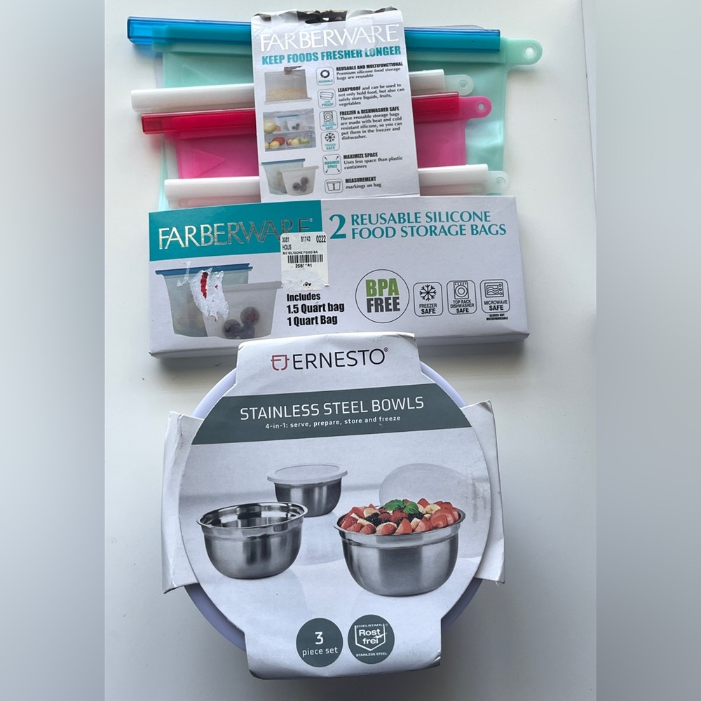 Farberware Reusable Silicone Food Storage Bags & Stainless Steel Bowls
